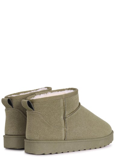 Linzi Ultra Mini Addy Khaki Faux Suede Faux Fur Lined Ultra Mini Ankle Boot