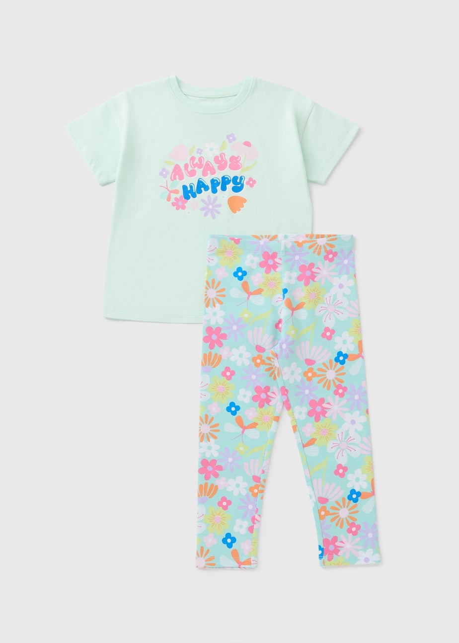 Girls Aqua Floral Top & Leggings Set (1-7yrs)