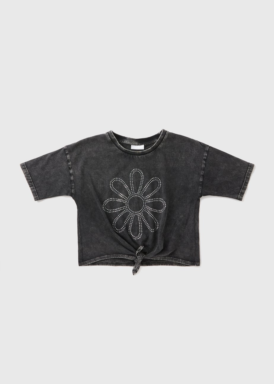Girls Charcoal Diamante Flower Knot Front Top (7-15yrs)