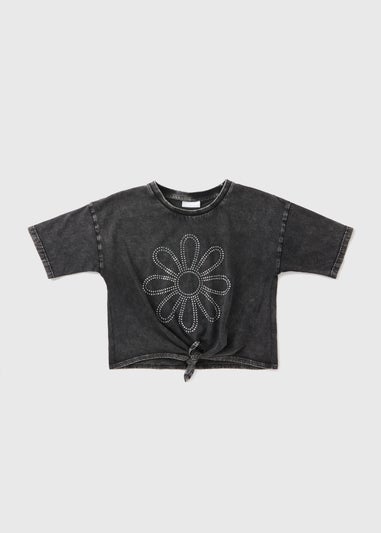 Girls Charcoal Diamante Flower Knot Front Top (7-15yrs)
