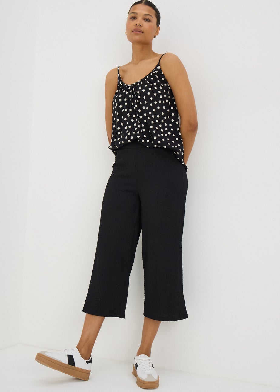 Black Textured Cropped Wide Leg Trousers
