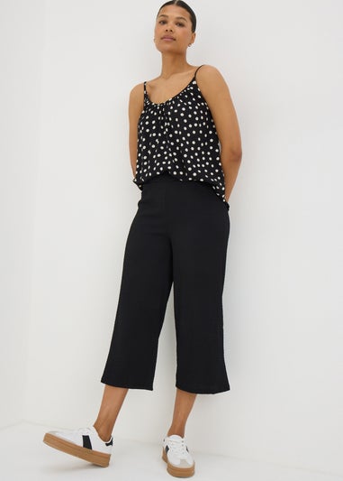 Black Textured Cropped Wide Leg Trousers