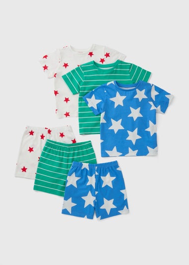 3 Pack Kids Multicolour Star Pyjama Sets (1-7yrs)