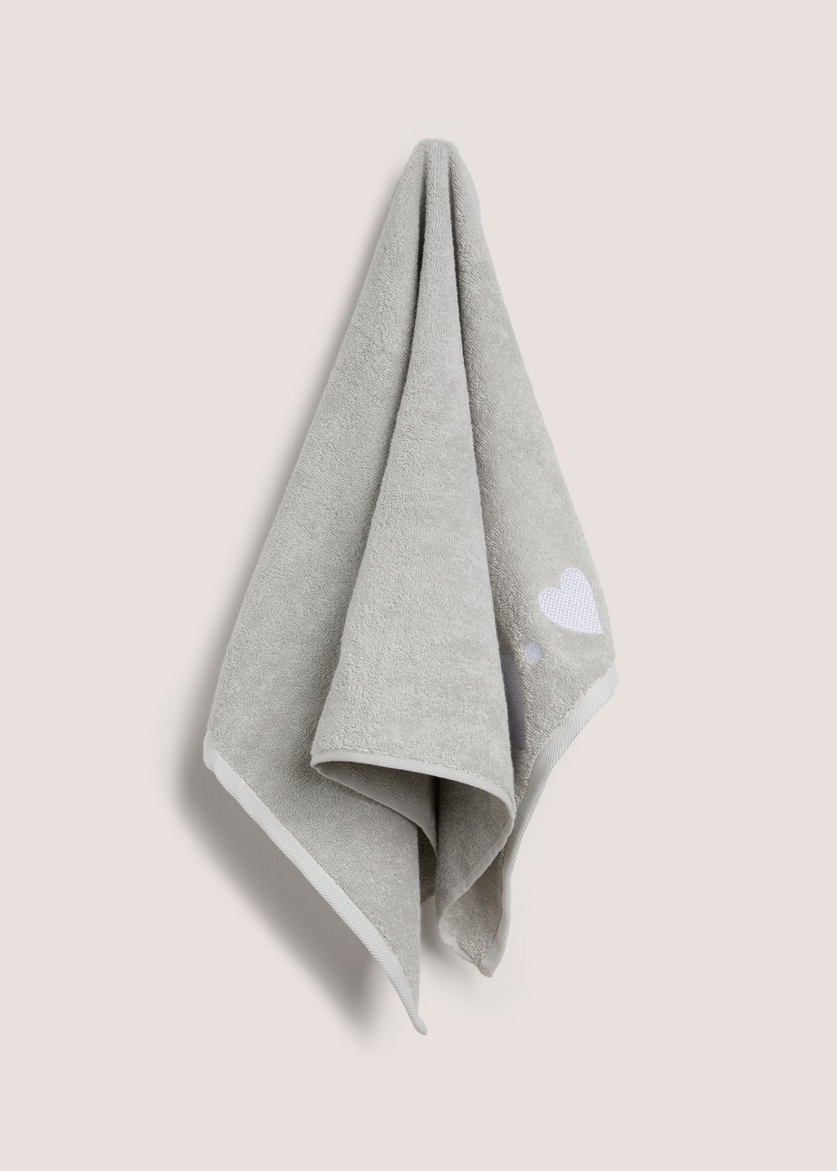 Grey Embroidered Heart Hand Towel
