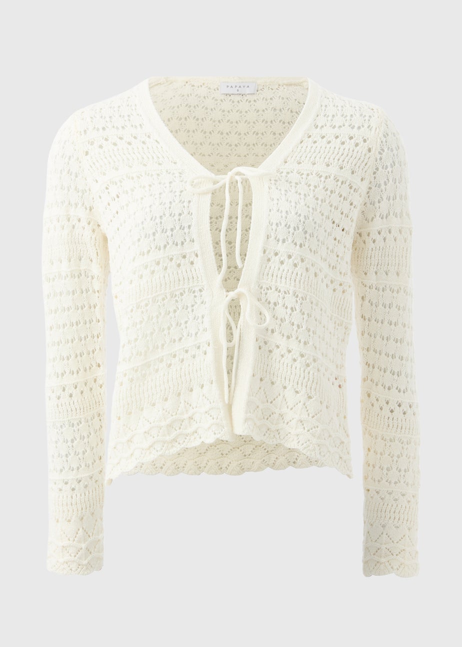 Ivory Pointelle Tie Front Cardigan
