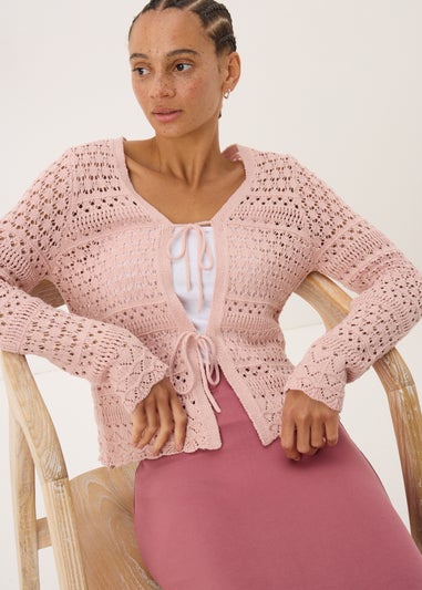 Pink Pointelle Tie Front Cardigan