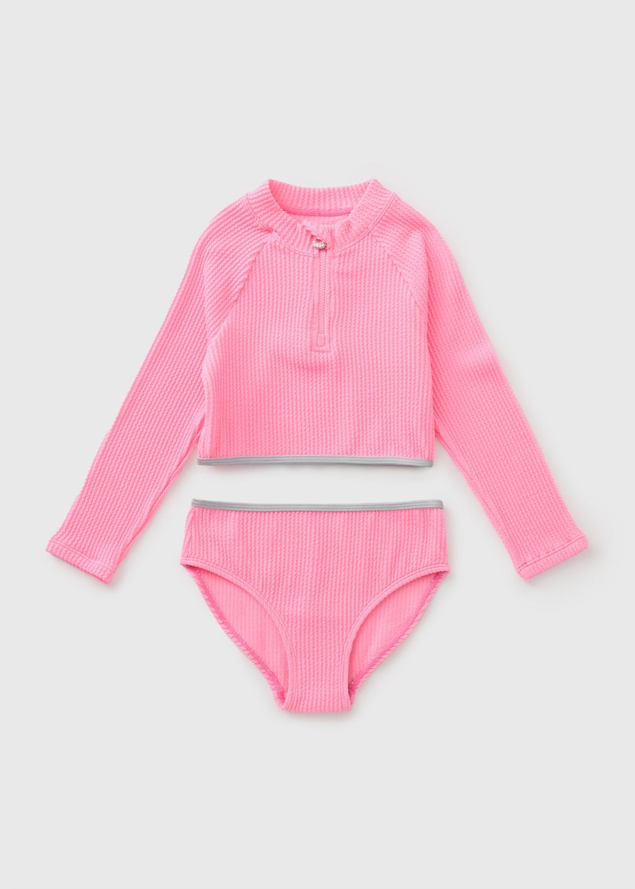Girls Pink Crinkle Half Zip Bikini Set (6-15yrs)