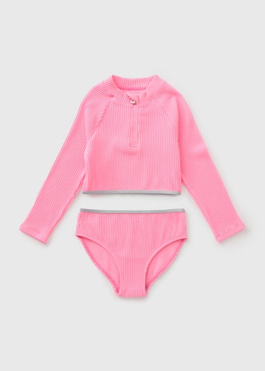 Girls Pink Crinkle Half Zip Bikini Set (6-15yrs)