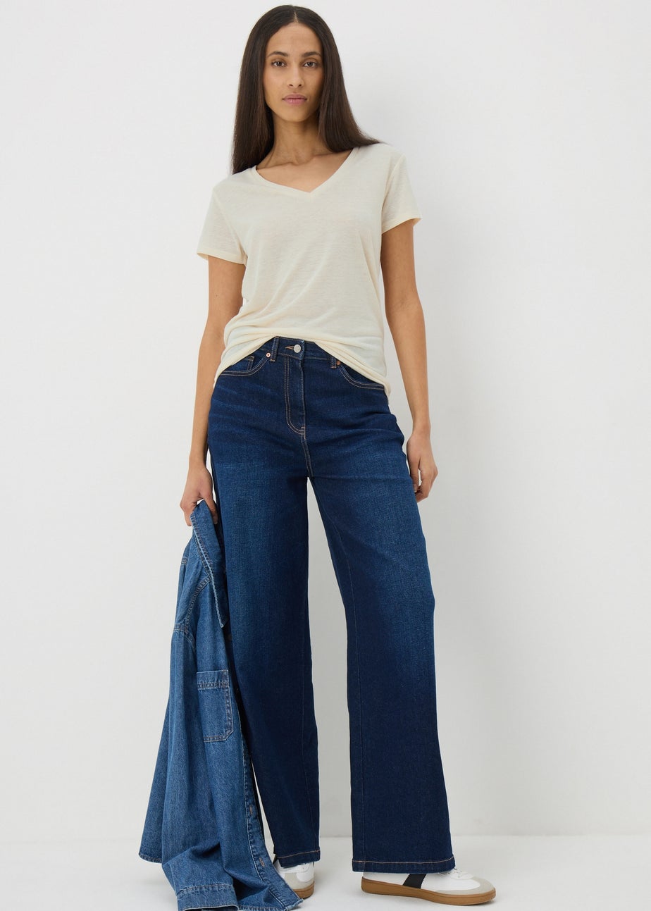 Beige Linen Blend V-Neck T-Shirt