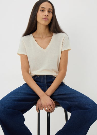Beige Linen Blend V-Neck T-Shirt