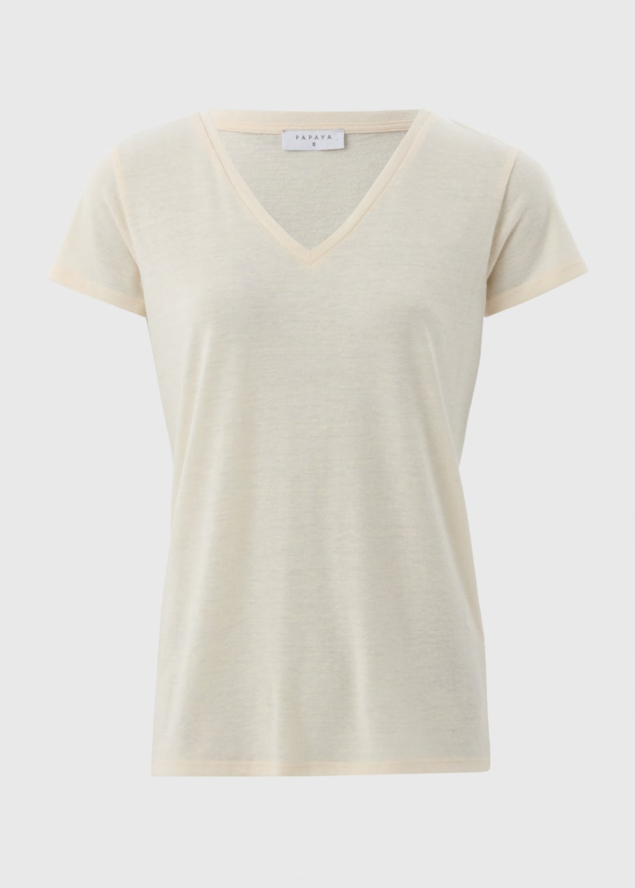 Beige Linen Blend V-Neck T-Shirt