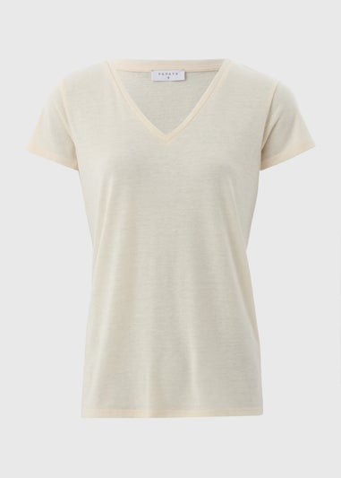 Beige Linen Blend V-Neck T-Shirt