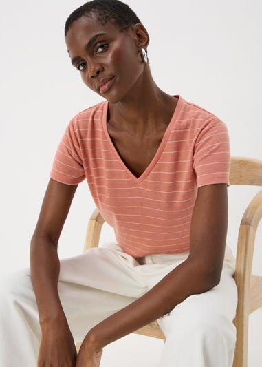 Pink Stripe Linen Blend V-Neck T-Shirt