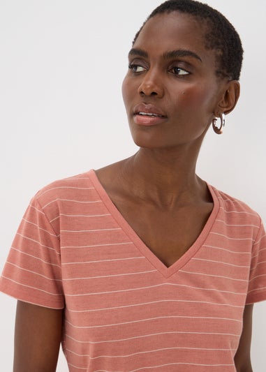 Pink Stripe Linen Blend V-Neck T-Shirt