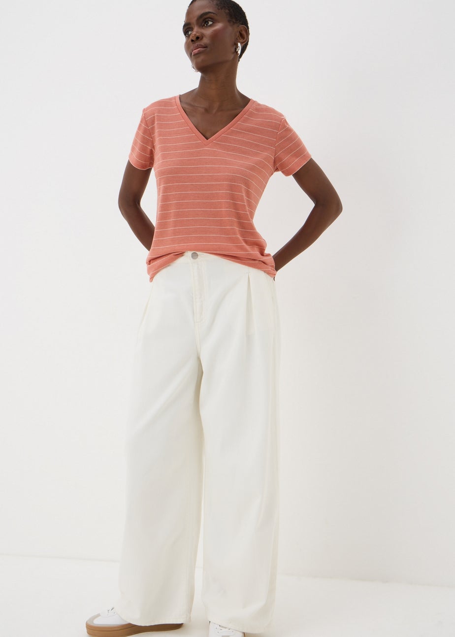 Pink Stripe Linen Blend V-Neck T-Shirt