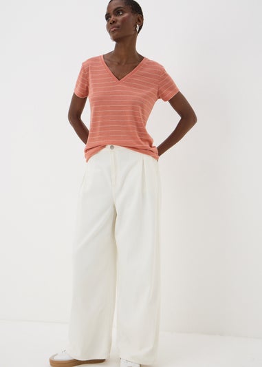 Pink Stripe Linen Blend V-Neck T-Shirt