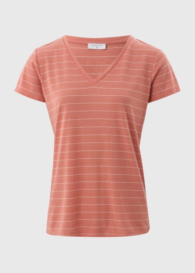 Pink Stripe Linen Blend V-Neck T-Shirt