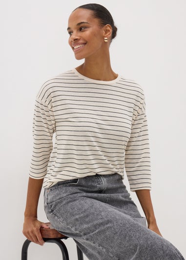 Cream Monochrome Linen Blend Stripe Top