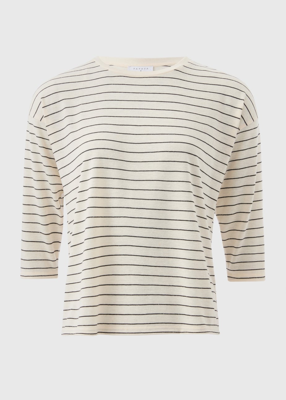 Cream Monochrome Linen Blend Stripe Top