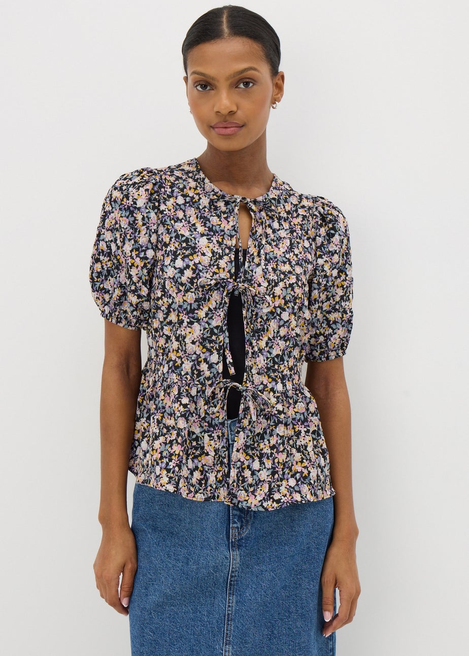 Black Tie Front Peplum Floral Blouse