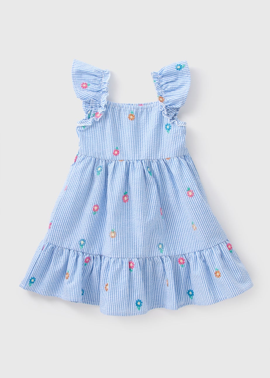 Girls Blue Daisy Embroidered Seersucker Dress (1-7yrs)