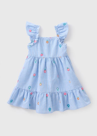 Girls Blue Daisy Embroidered Seersucker Dress (1-7yrs)