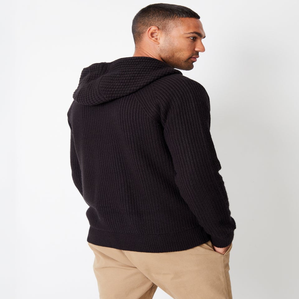 Threadbare Black Zip-Up Knitted Hoodie with Microfleece Lining