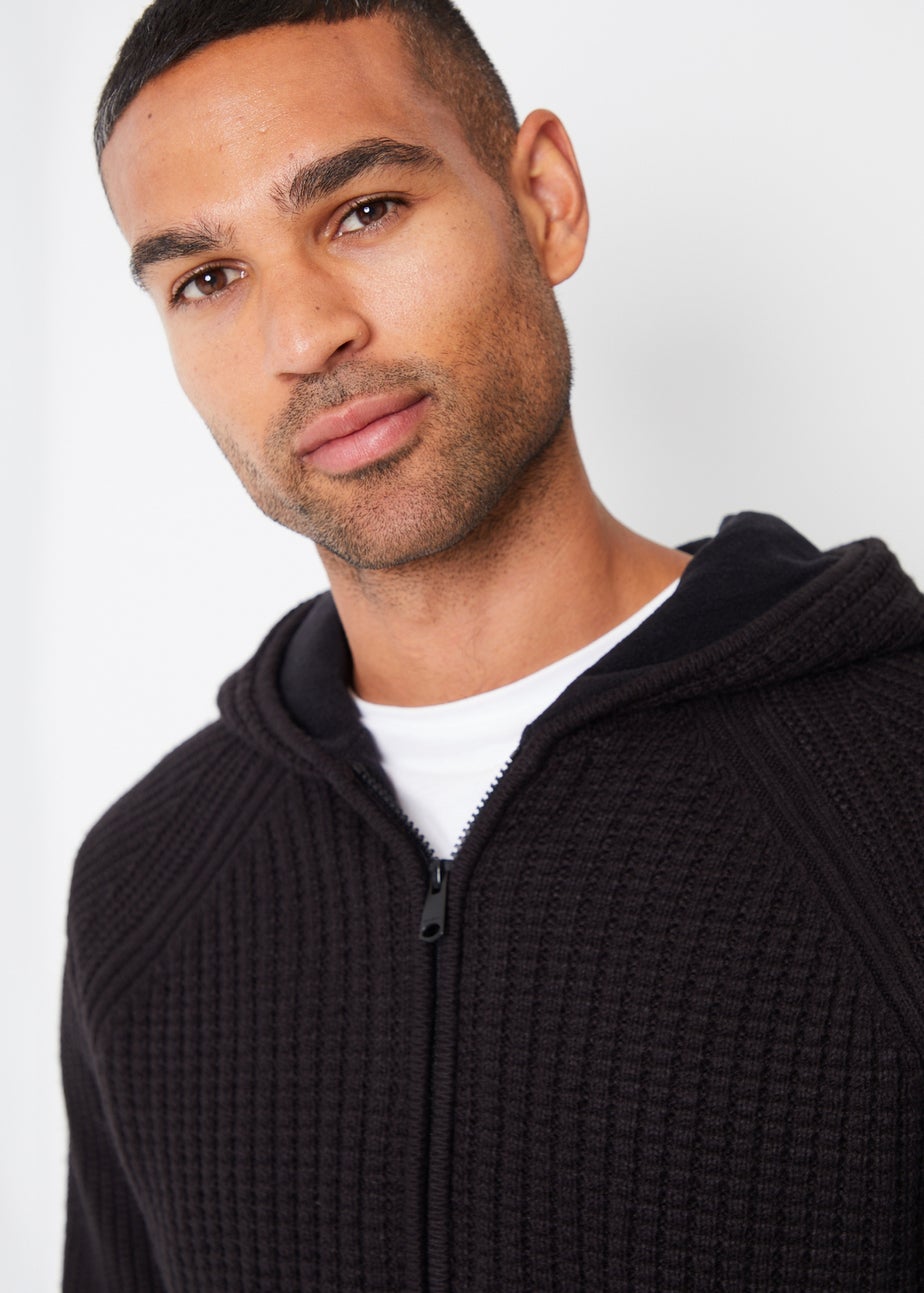 Threadbare Black Zip-Up Knitted Hoodie with Microfleece Lining
