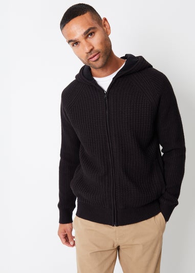 Threadbare Black Zip-Up Knitted Hoodie with Microfleece Lining