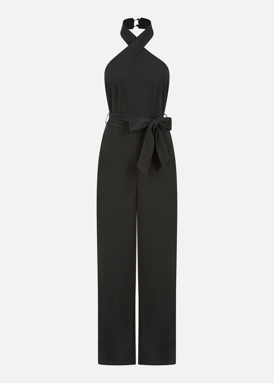 Mela Black Cross Over Halter Neck Jumpsuit