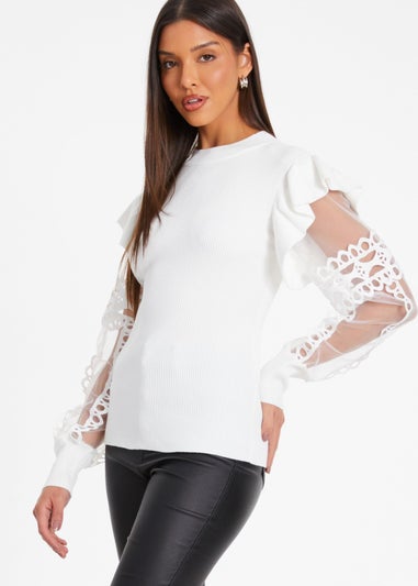 Quiz Cream Knit Mesh Sleeve Jumper