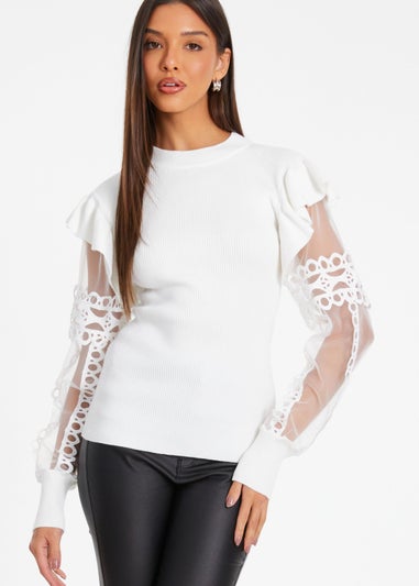 Quiz Cream Knit Mesh Sleeve Jumper