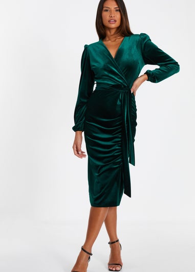 Quiz Green Velvet Ruched Midi Dress