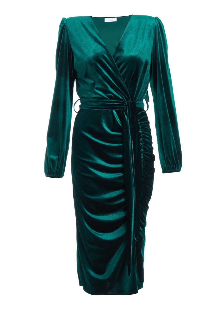 Quiz Green Velvet Ruched Midi Dress