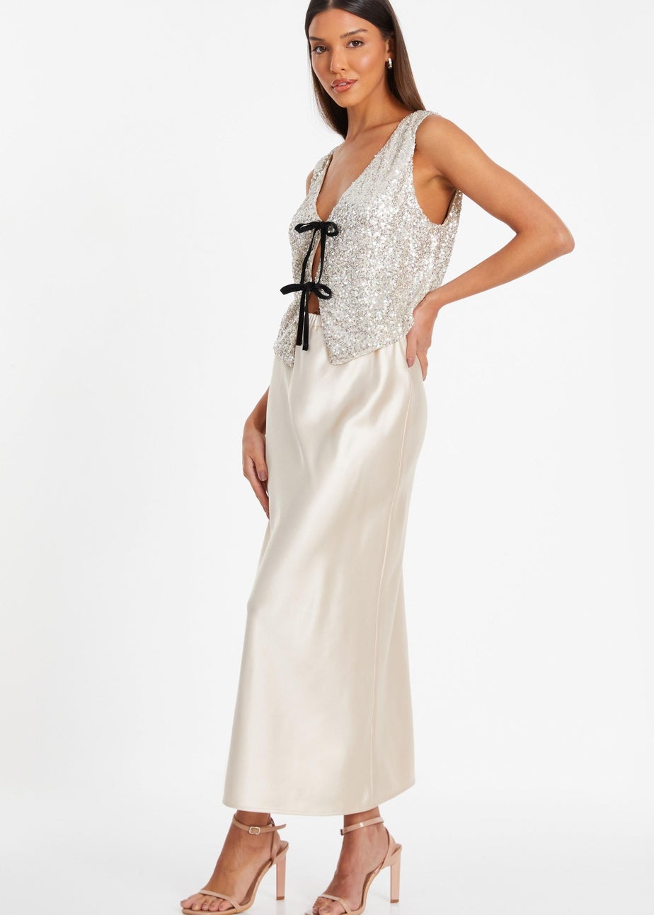 Quiz Cream Sequin Tie Front Waistcoat