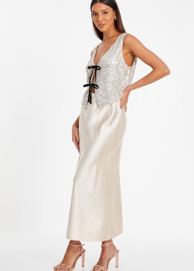 Quiz Cream Sequin Tie Front Waistcoat