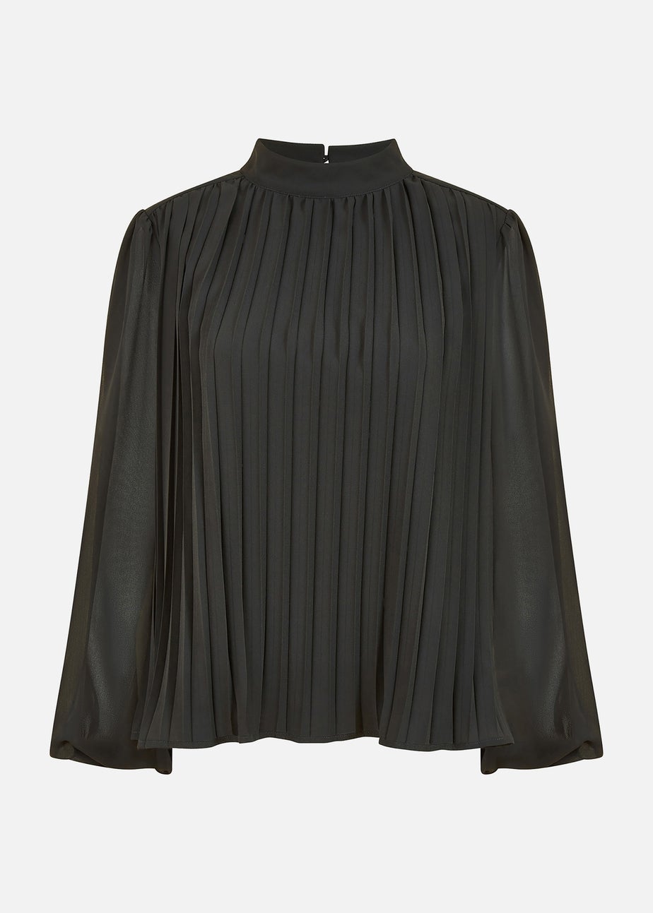 Mela Black Pleated Long Sleeve Top With High Neck