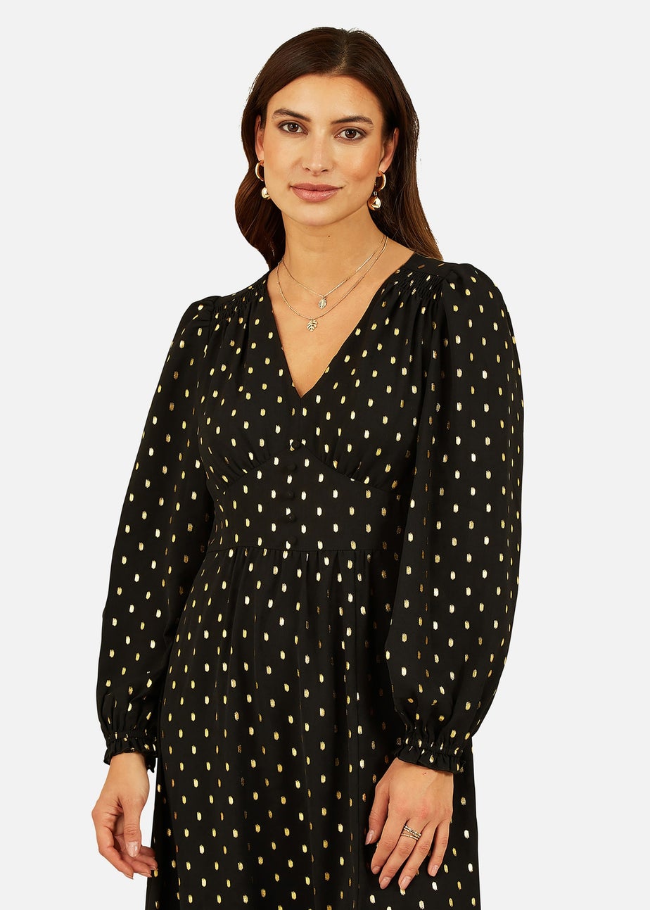 Yumi Black Foil Print Long Sleeve Midi Dress
