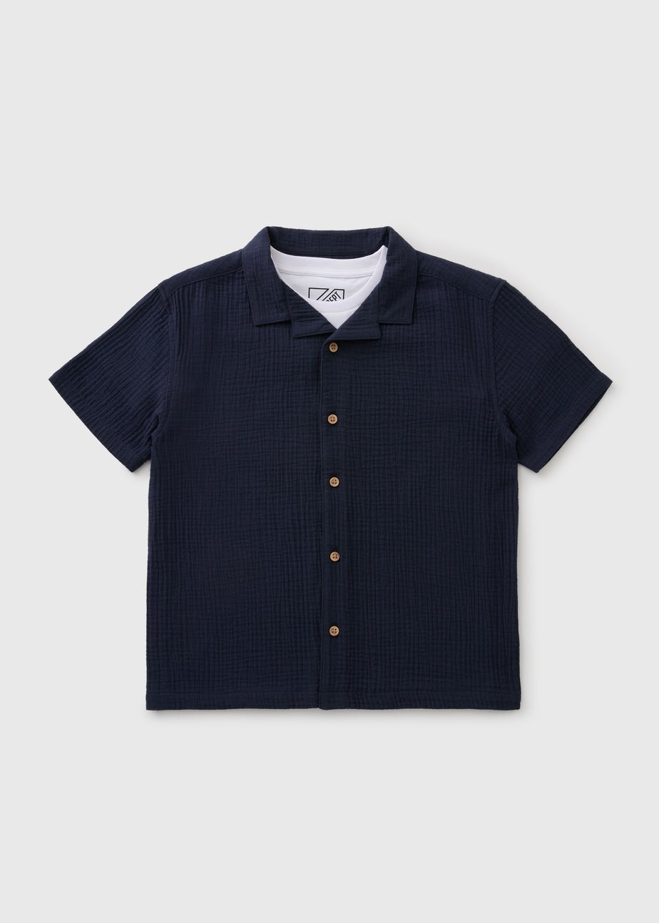 Boys Navy Textured Shirt & T-Shirt Set (7-15yrs)