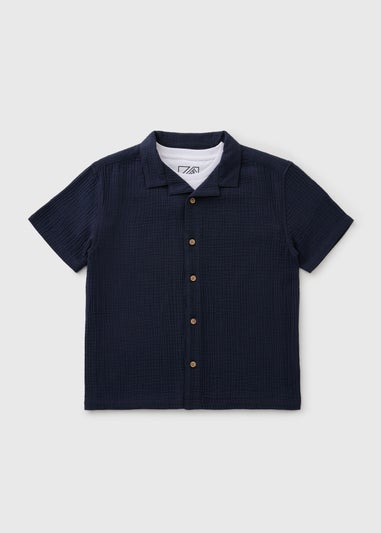 Boys Navy Textured Shirt & T-Shirt Set (7-15yrs)