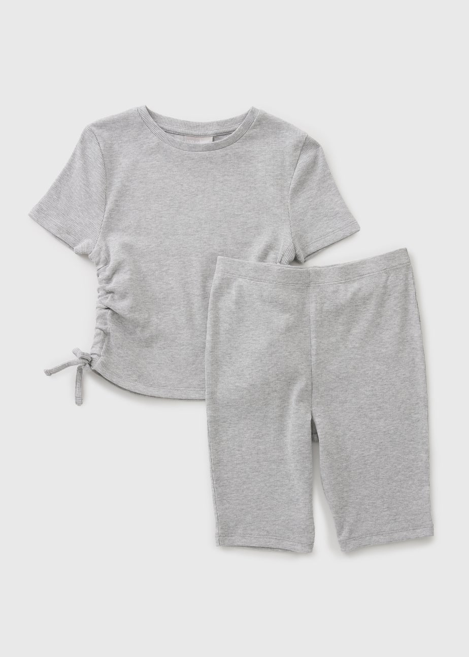 Girls Grey Ruched Top & Cycle Shorts Set (7-15yrs)