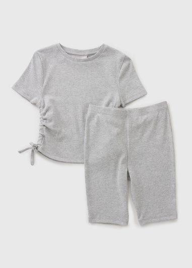 Girls Grey Ruched Top & Cycle Shorts Set (7-15yrs)