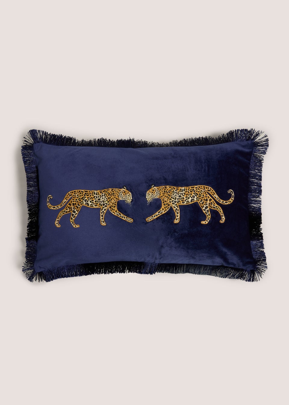 Navy Leopard Embroidered Fringe Cushion