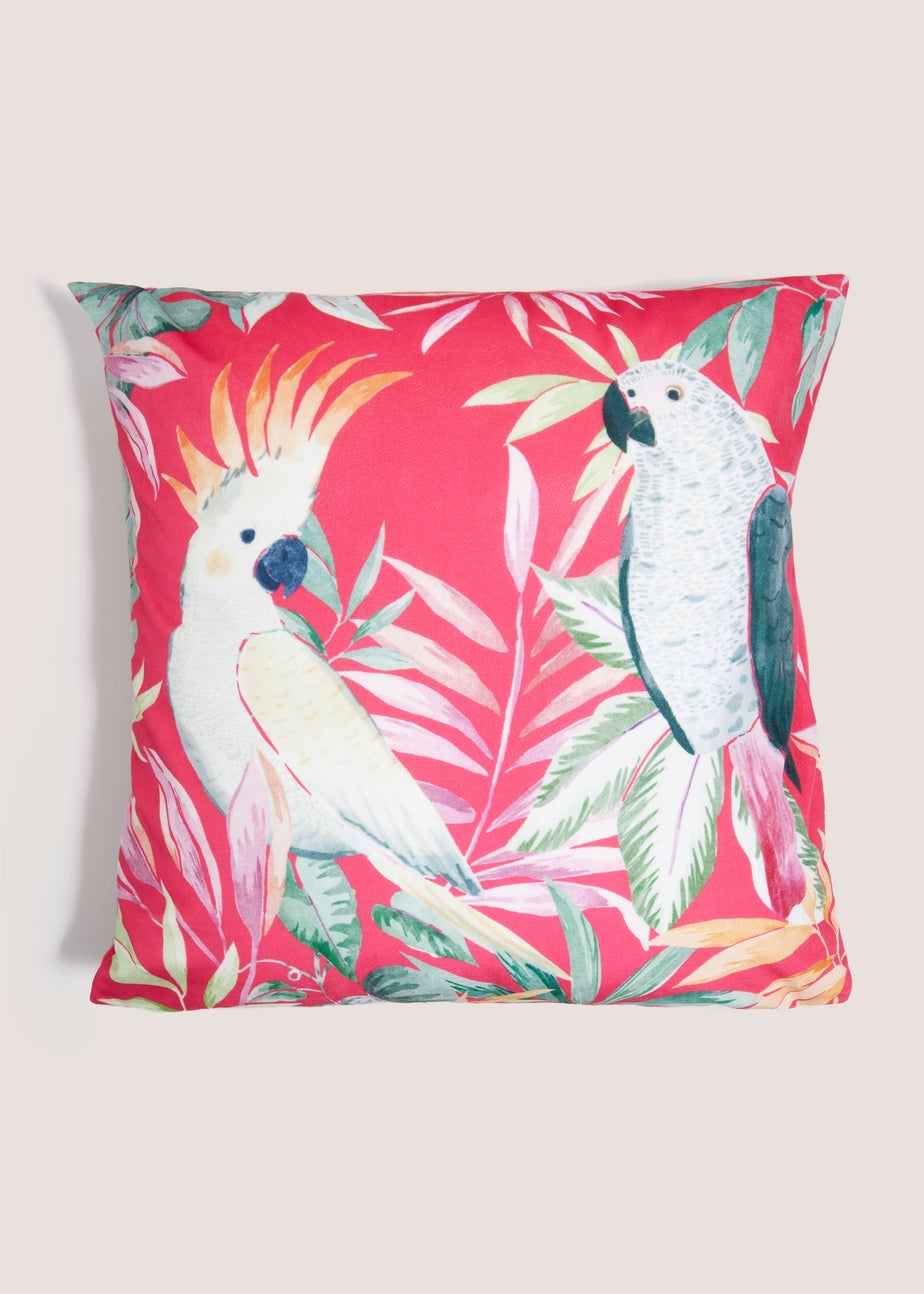 Pink Velvet Printed Paradise Bird Cushion