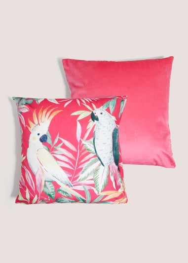 Pink Velvet Printed Paradise Bird Cushion