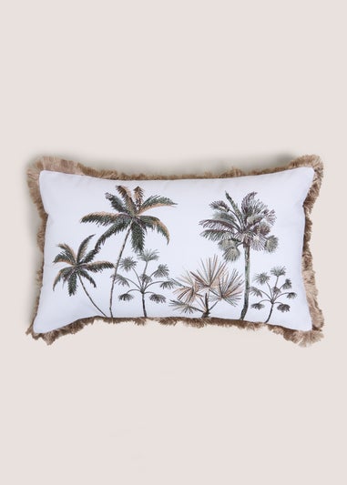 White Embroidered Palm Tree Fringe Cushion