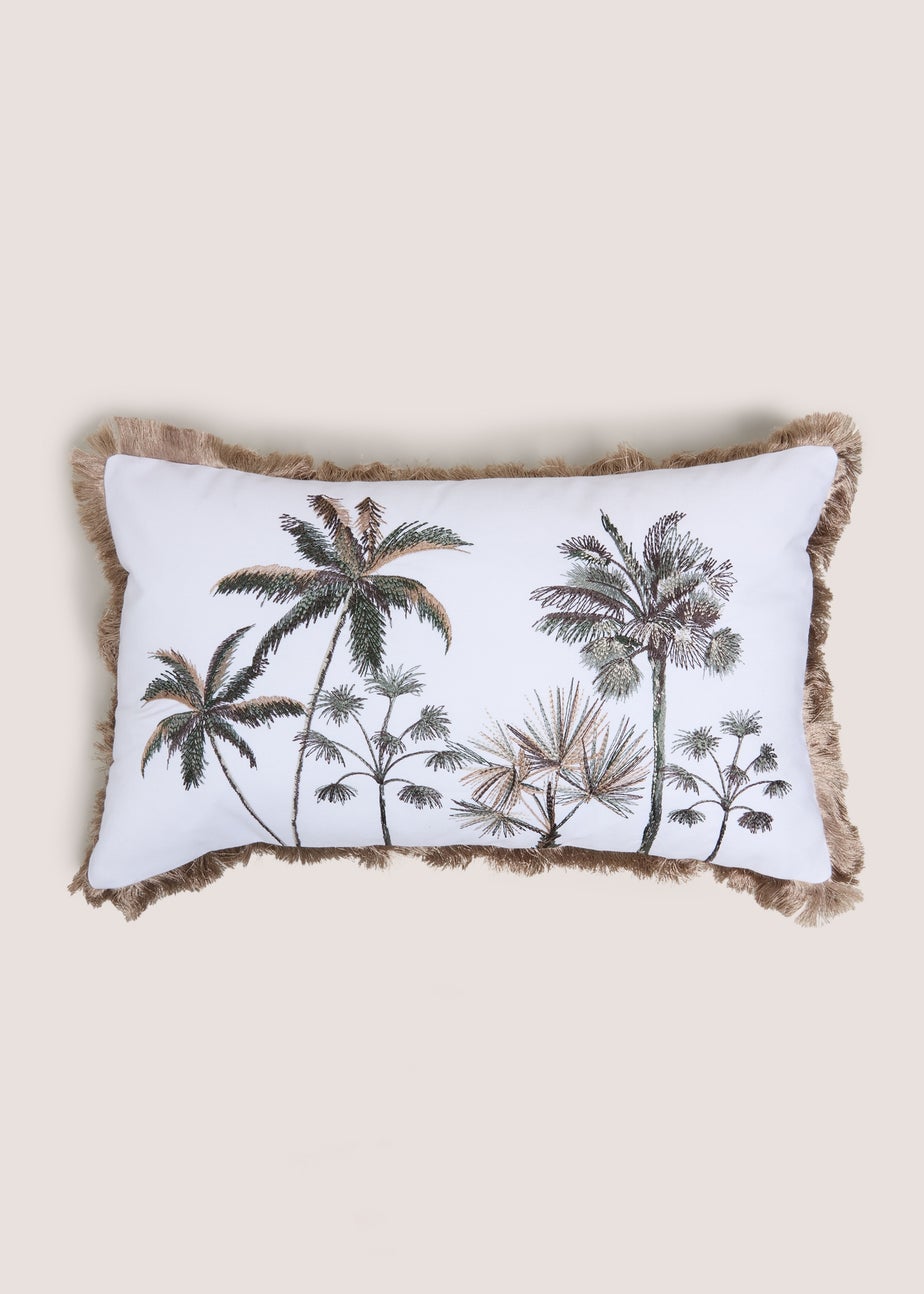 White Embroidered Palm Tree Fringe Cushion