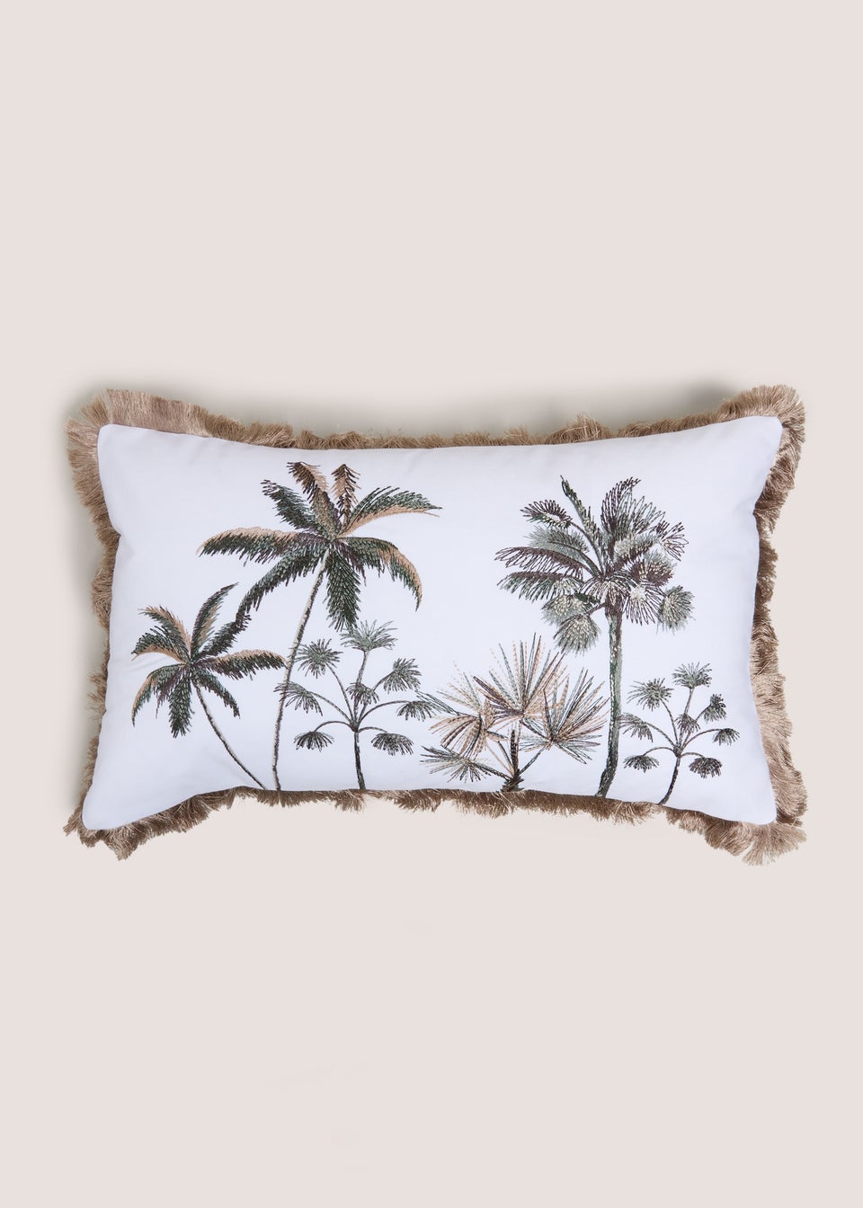 White Embroidered Palm Tree Fringe Cushion