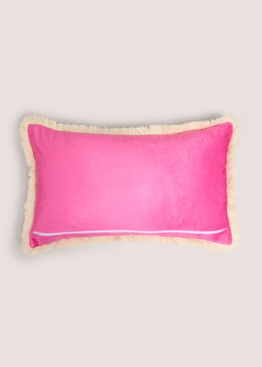 Pink Velvet Embroidered Palm Tree Fringe Cushion