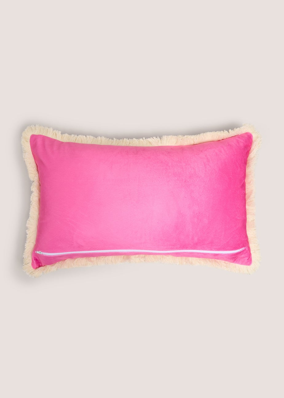 Pink Velvet Embroidered Palm Tree Fringe Cushion